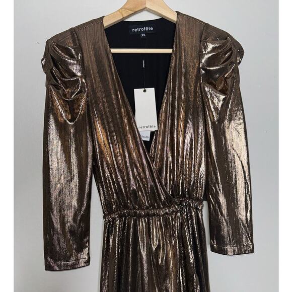 Retrofete NWT Flora Metallic Jersey Midi Wrap Dress in Bronze V-Neck Size XS - Picture 5 of 11